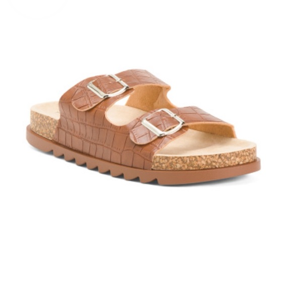 Henry Ferrera Brown Crocodile Print Double Buckle Strap Sandal Women’s Size 10 - Picture 2 of 8